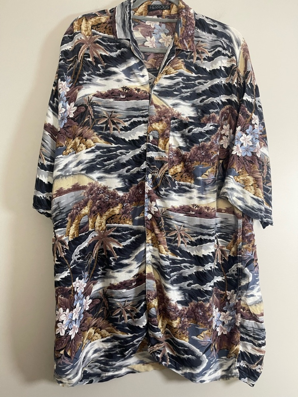 Ferrous Tropical Print Button-Up Shirt In Black, Brown & Cream